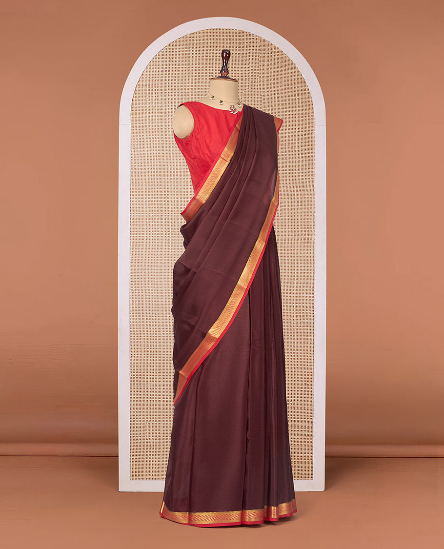 Brown Plain Mysore Silk Saree, Complemented by a Contrast Traditional Zari Design Border, Zari Striped Pallu, and Paired with a Contrast Blouse