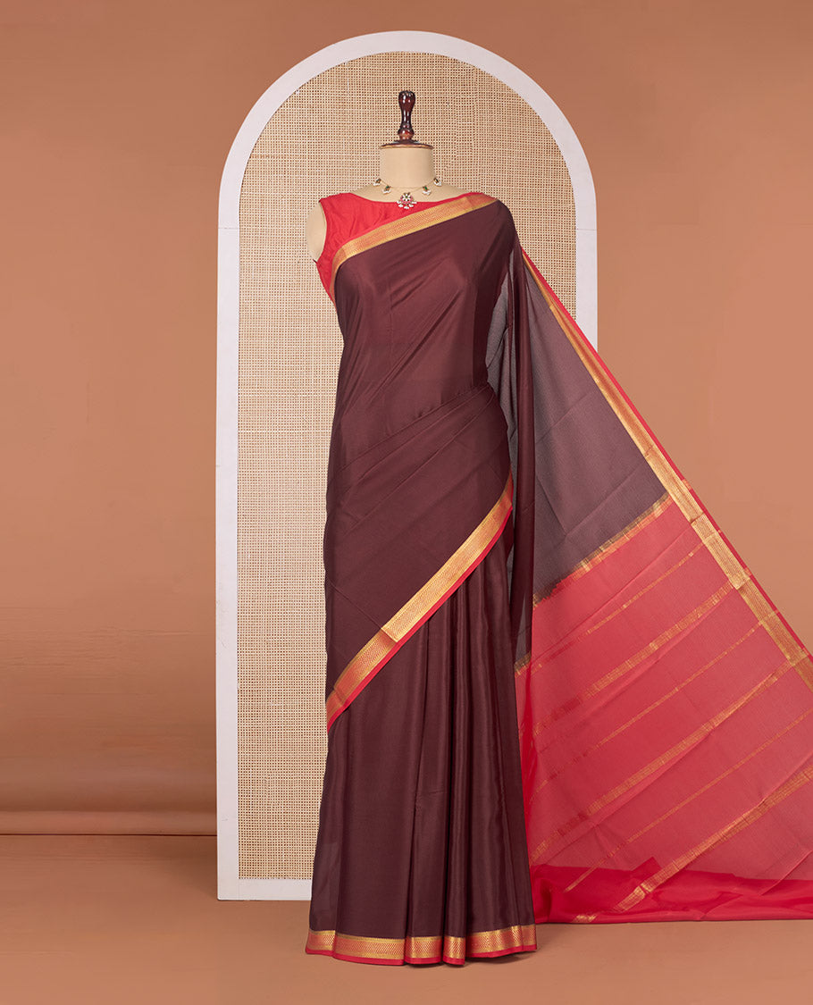 Brown Plain Mysore Silk Saree, Complemented by a Contrast Traditional Zari Design Border, Zari Striped Pallu, and Paired with a Contrast Blouse