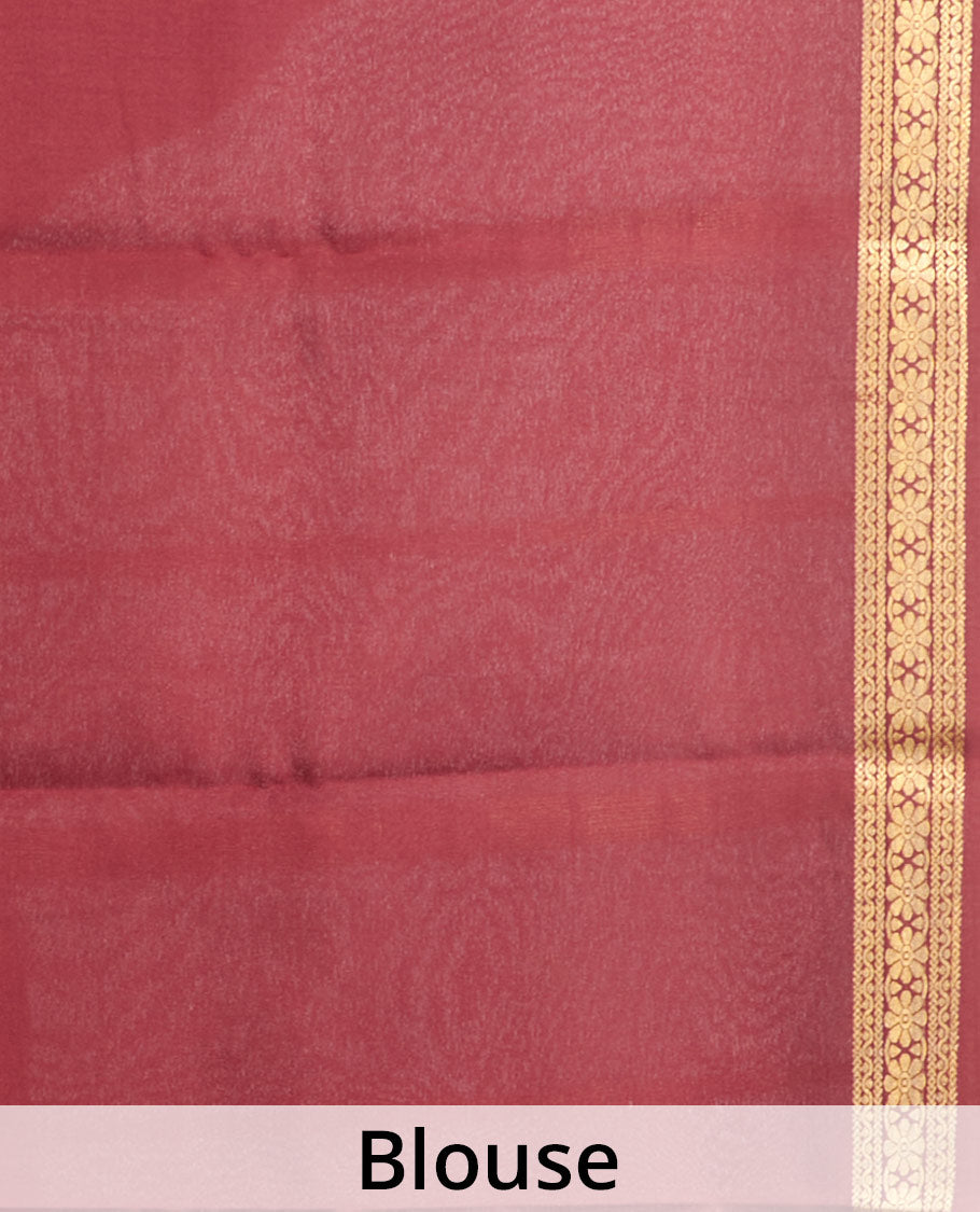Peach Plain Mysore Silk Saree, Complemented by a Contrast Traditional Zari Design Border, Zari Striped Pallu, and Paired with a Contrast Blouse