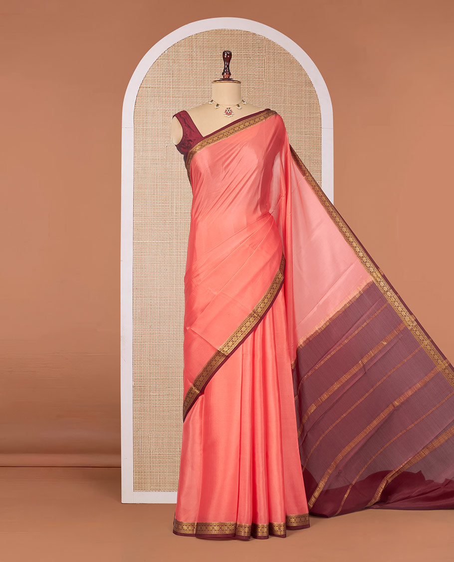 Peach Plain Mysore Silk Saree, Complemented by a Contrast Traditional Zari Design Border, Zari Striped Pallu, and Paired with a Contrast Blouse