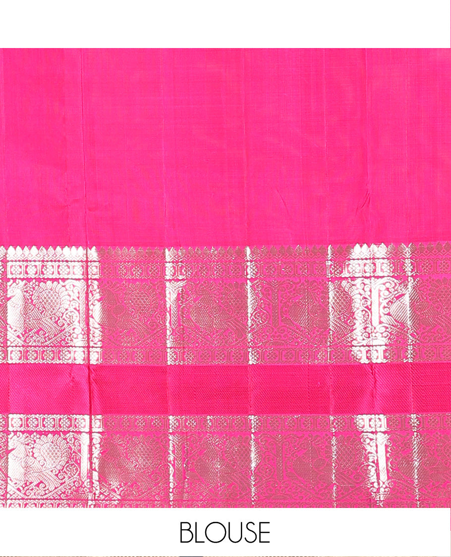Orange buttas Venkatagiri silk saree, contrast traditional zari design rettai pettu border, and intricate pallu