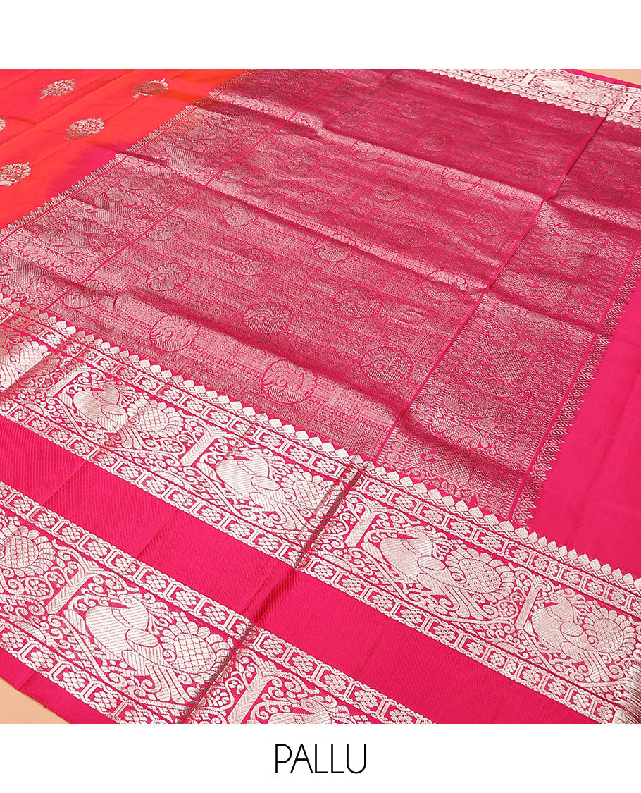 Orange buttas Venkatagiri silk saree, contrast traditional zari design rettai pettu border, and intricate pallu