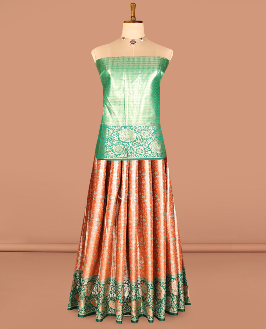 Orange Art Silk Half-Saree, Bedecked with Jacquard Design, Contrast Floral Zari Border, Paired with a Contrast Jacquard Blouse, and an Intricate Dhavani
