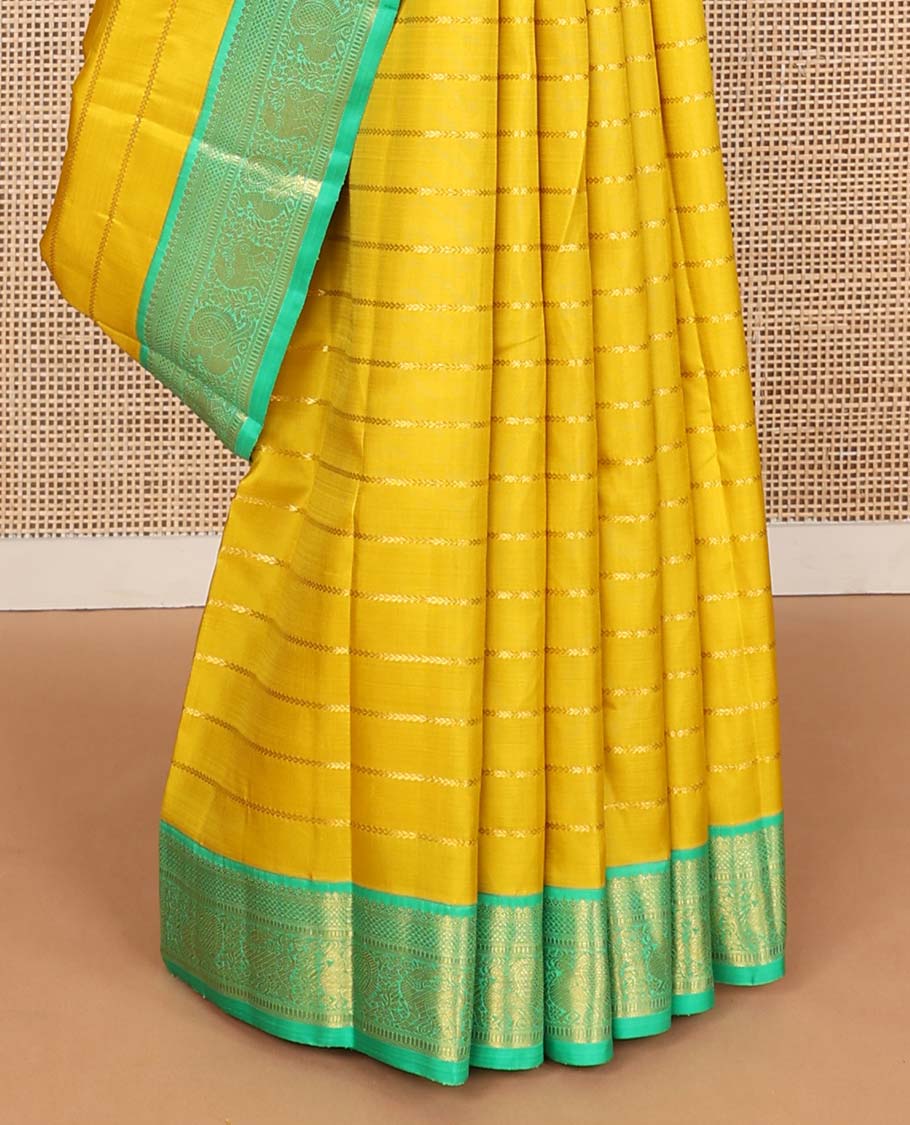 Yellow kathir stripes Kanchipuram korvai silk saree, contrast neer korvai border of thilakam mokku, kuyil kann, muthu, mayil , and yaali designs, and floral design pallu
