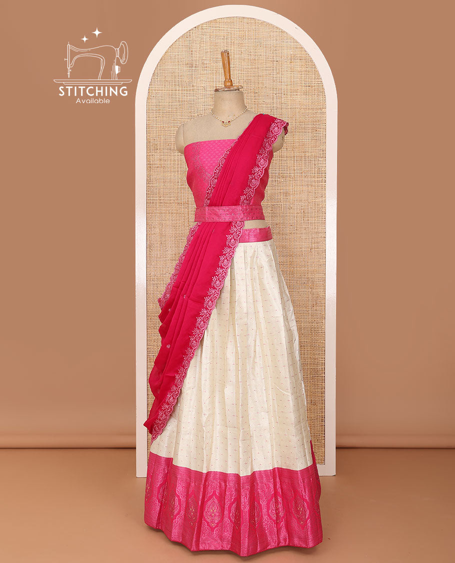 White lehenga set, buttas with contrast traditional zari border skirt, jacquard stone work blouse and scallop embroidered dhavani