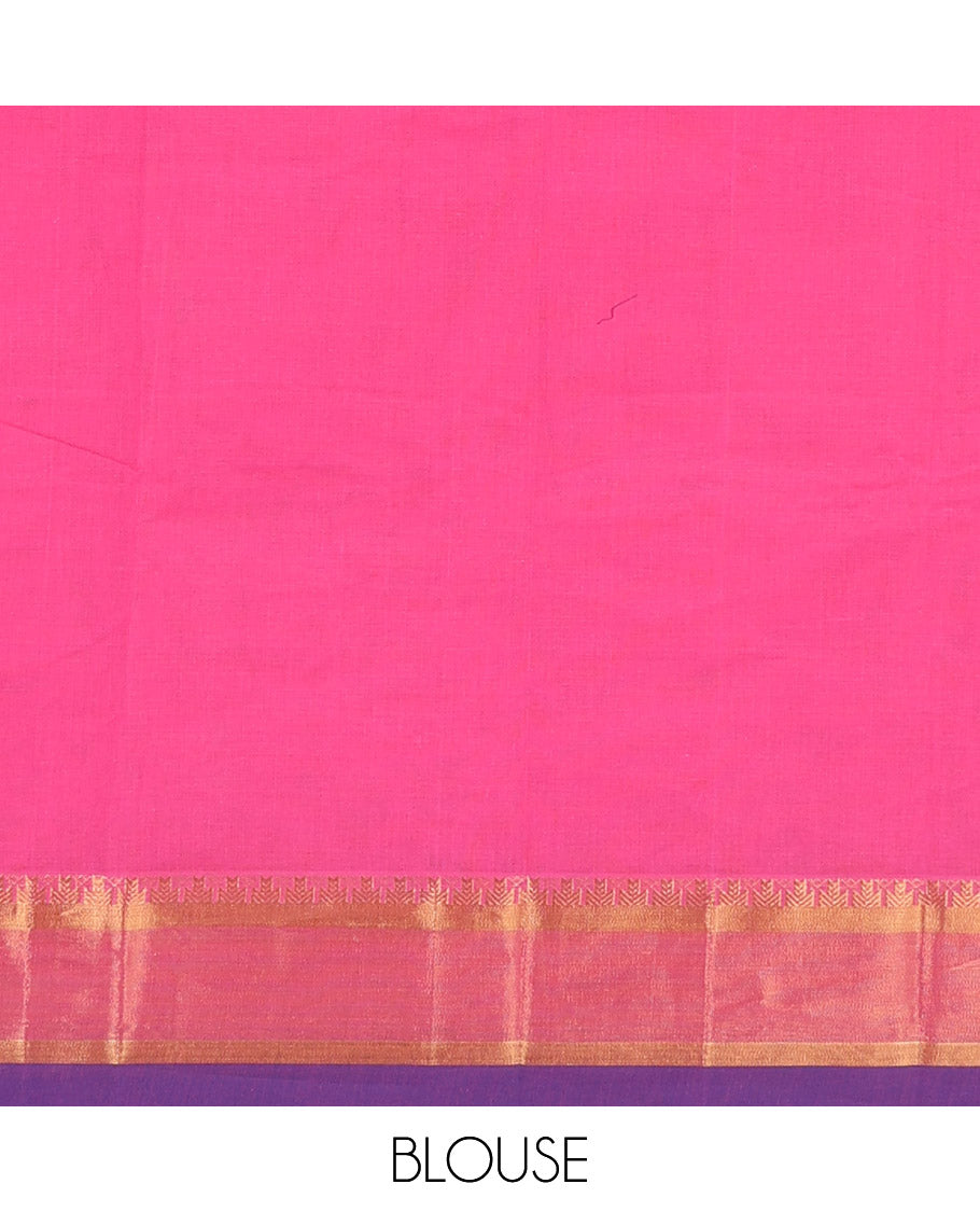 Pink thread buttas Kanchi cotton saree, contrast zari border, and pallu of floral, and paisley designs