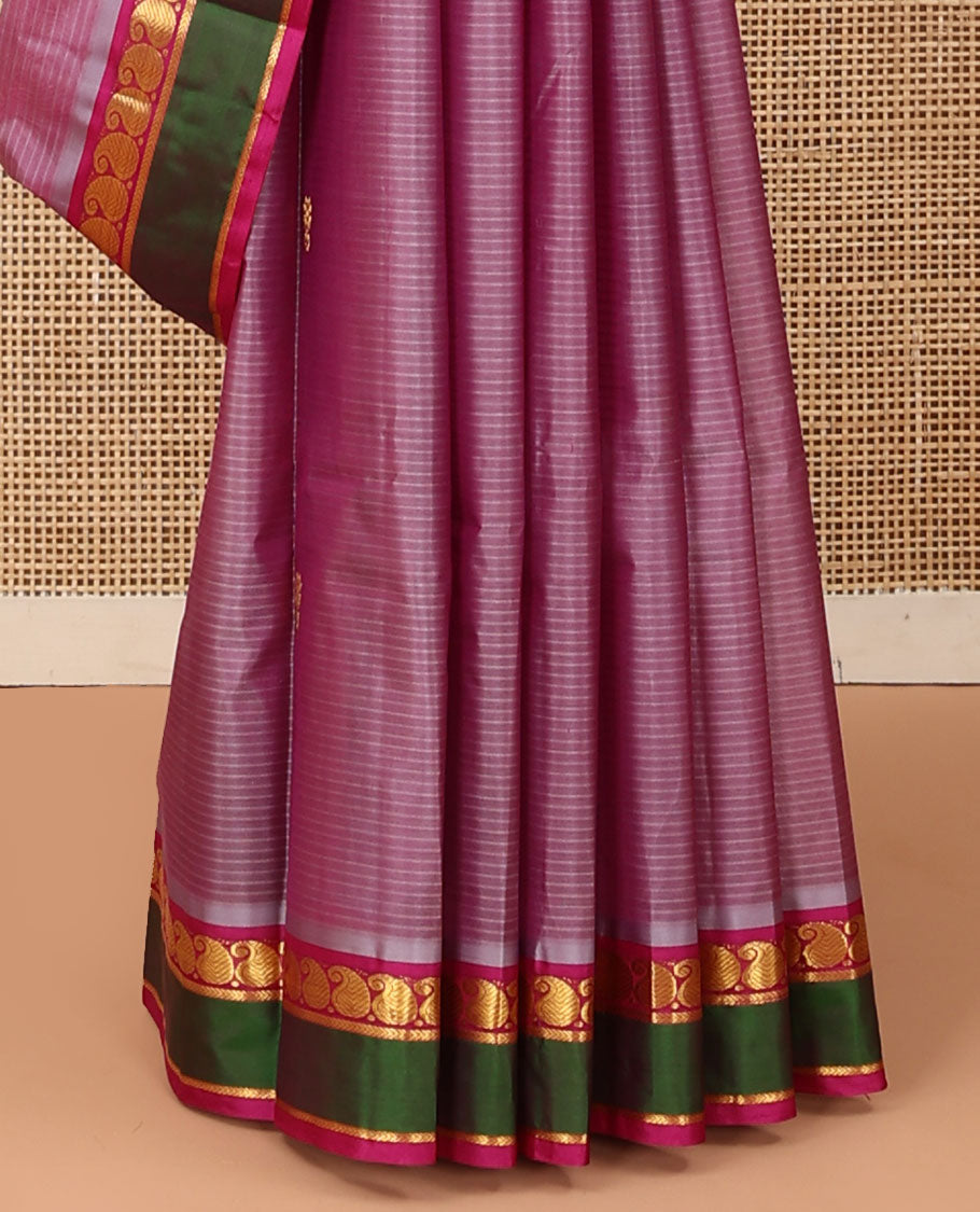 Purple striped and buttas Kanchipuram silk saree, contrast rettai pettu border of manga and kathir designs, and zari design pallu