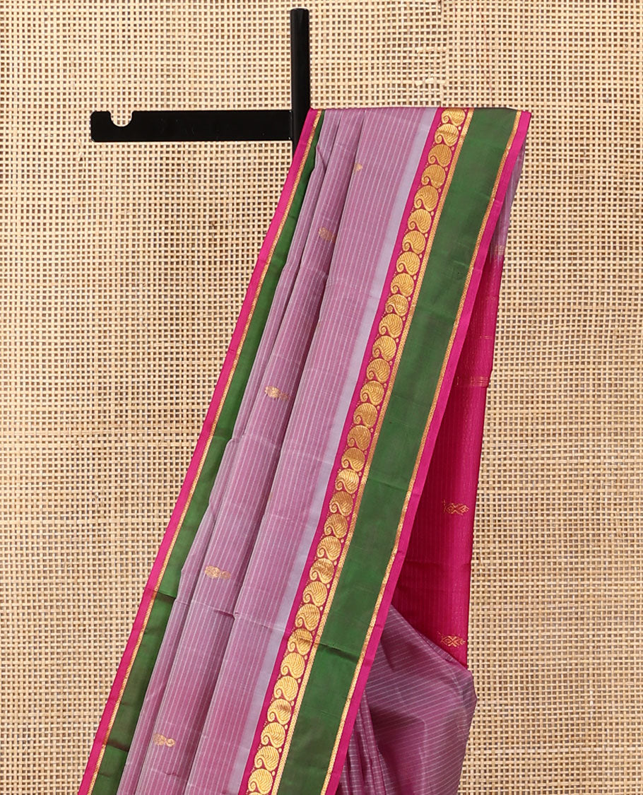 Purple striped and buttas Kanchipuram silk saree, contrast rettai pettu border of manga and kathir designs, and zari design pallu
