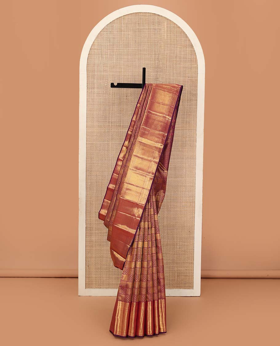 Purple jacquard wedding silk saree, zari border of thilakam mokku,neli, jadai nagam, and jaal design, and jaal pallu