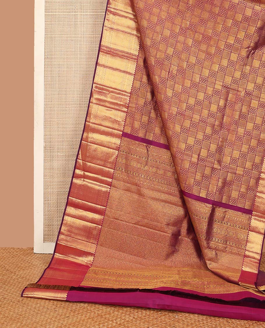 Purple jacquard wedding silk saree, zari border of thilakam mokku,neli, jadai nagam, and jaal design, and jaal pallu