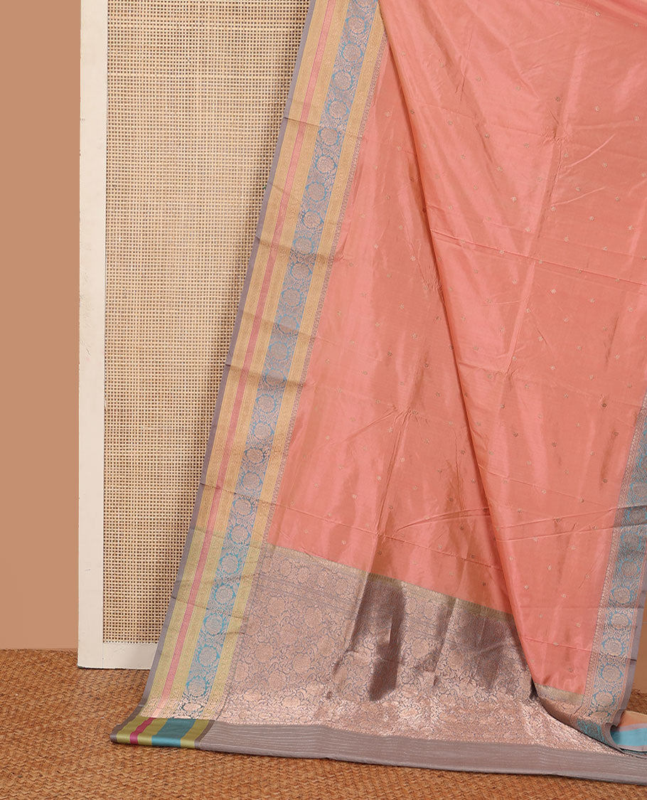 Peach zari buttas katan silk saree, contrast traditional border of floral creeper design, and floral jaal pallu