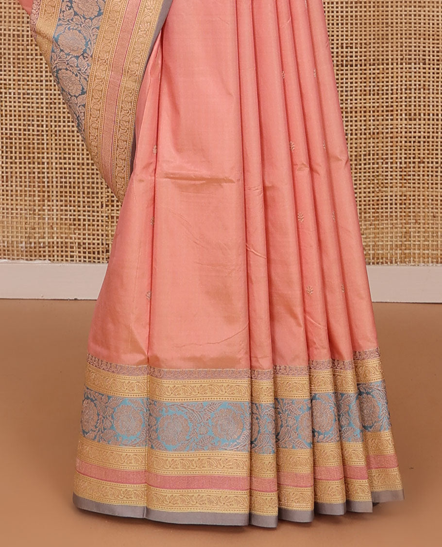 Peach zari buttas katan silk saree, contrast traditional border of floral creeper design, and floral jaal pallu