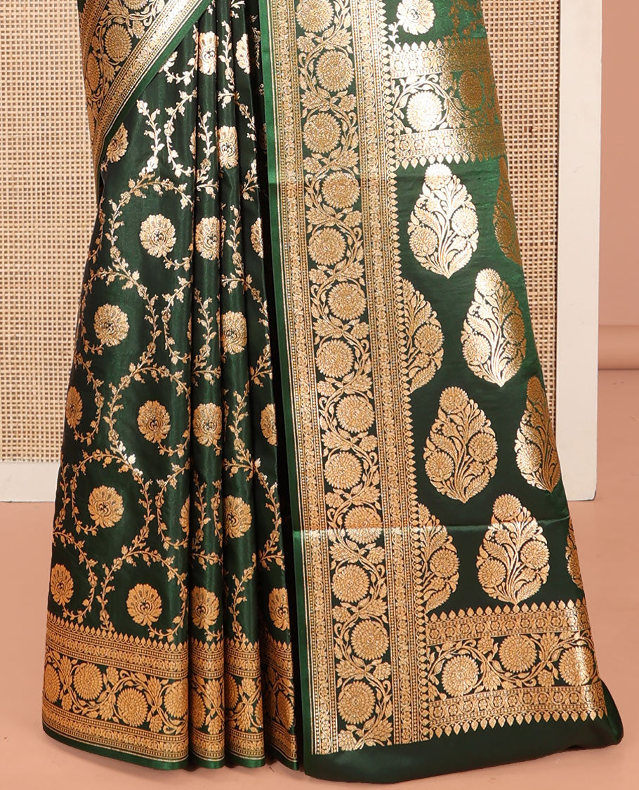 Green Banarasi Nylon Saree, Gleamed Up with Floral Jaal Jacquard, Highlighted by Traditional Zari Border, Intricate Pallu, and a Matching Blouse