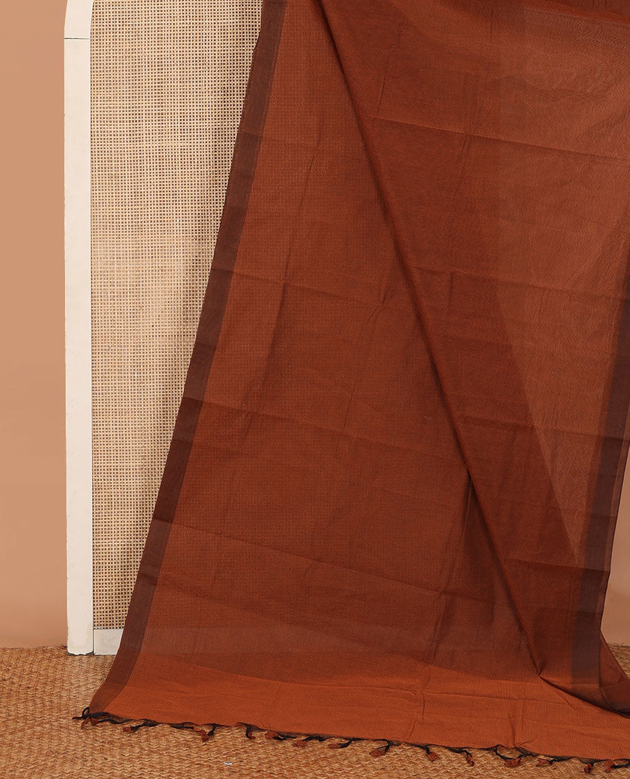 Brown sparesly striped Mangalagiri Cotton saree, plain border, plain pallu, and contrast Pichwai cow printed blouse