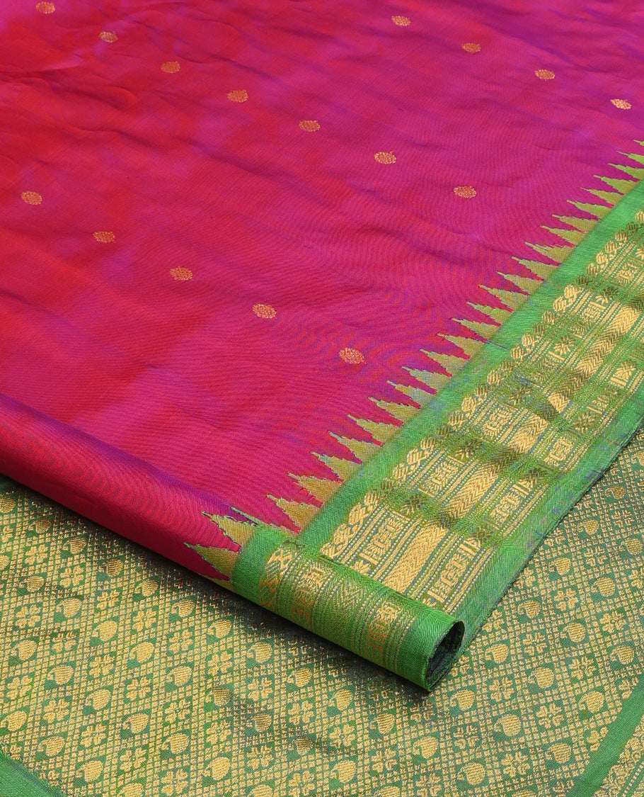 Pink chakram buttas gadwal silk saree, contrast thazampoo rekku border of manga mokku, star kamalam, and vanki designs