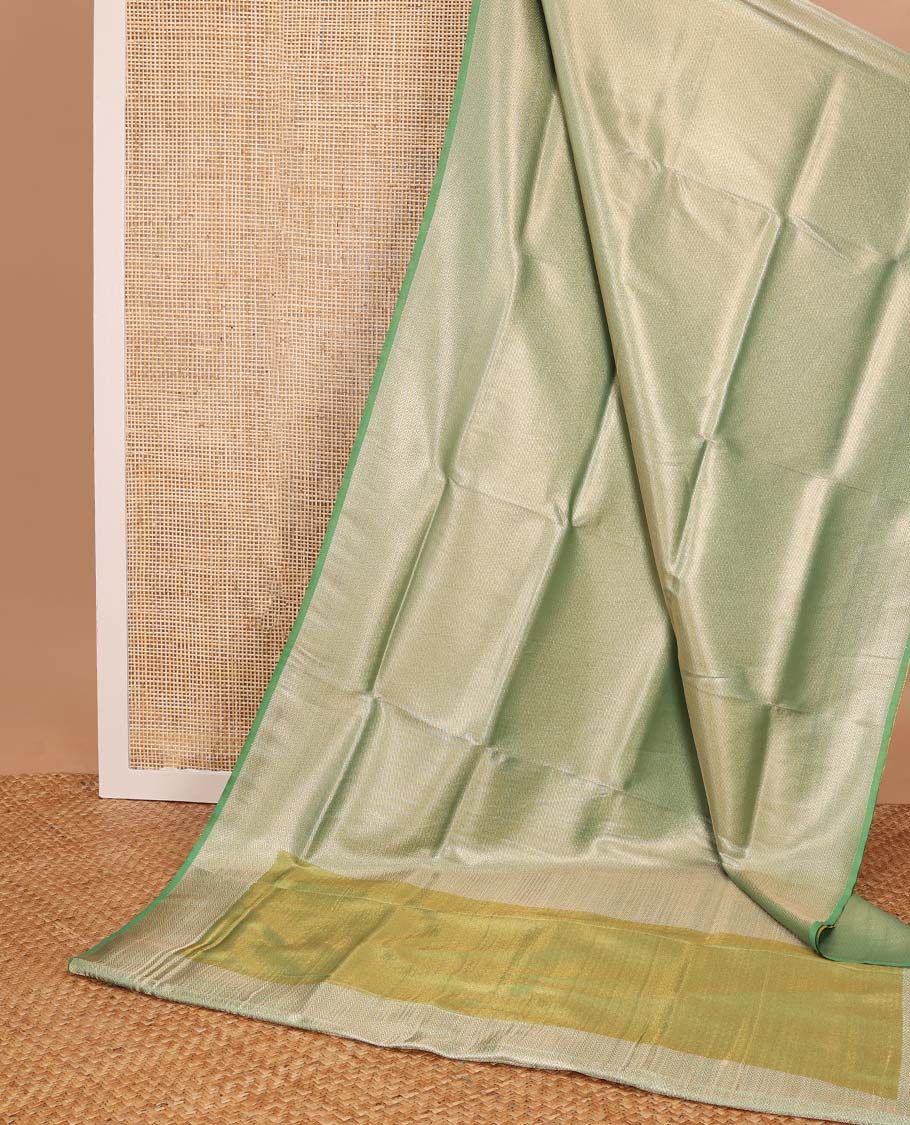 Green striped softy saree with self chevron design border & striped pallu
