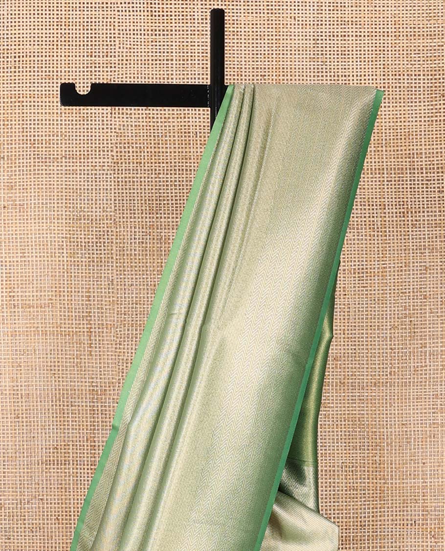 Green striped softy saree with self chevron design border & striped pallu