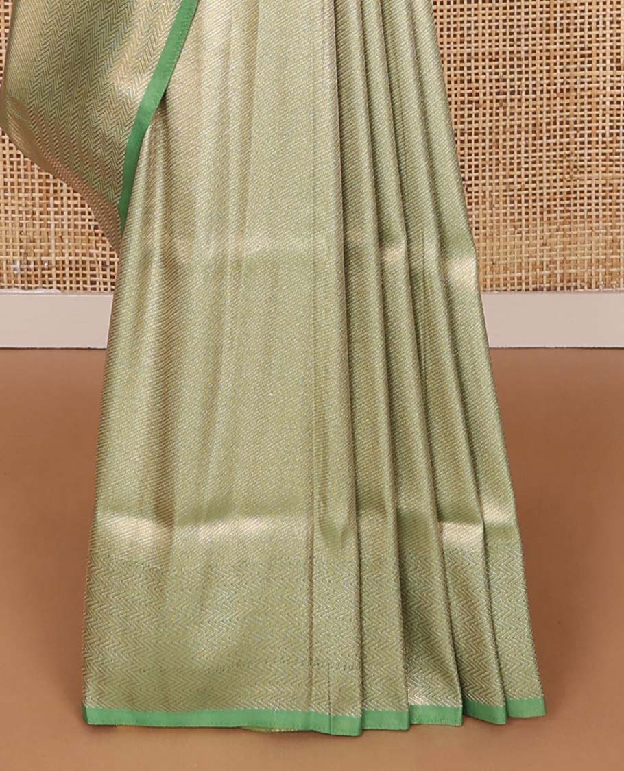 Green striped softy saree with self chevron design border & striped pallu