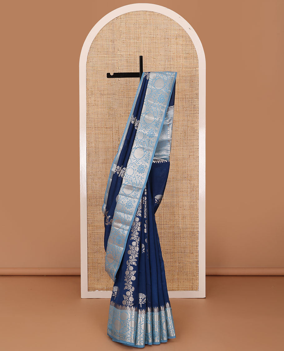 Navy blue floral buttas, and diagonal striped silk saree, contrast traditional zari border of floral creeper design & Mughal floral design pallu