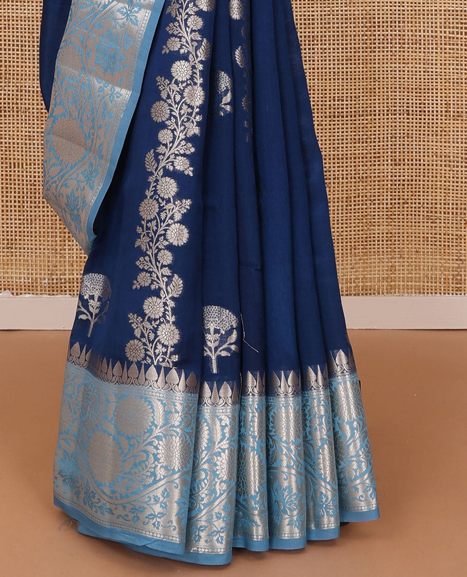 Navy blue floral buttas, and diagonal striped silk saree, contrast traditional zari border of floral creeper design & Mughal floral design pallu