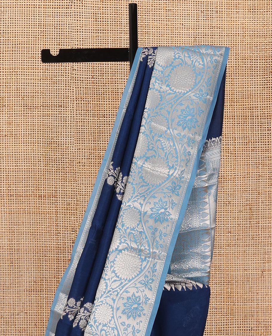 Navy blue floral buttas, and diagonal striped silk saree, contrast traditional zari border of floral creeper design & Mughal floral design pallu
