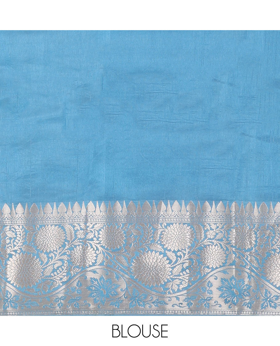 Navy blue floral buttas, and diagonal striped silk saree, contrast traditional zari border of floral creeper design & Mughal floral design pallu