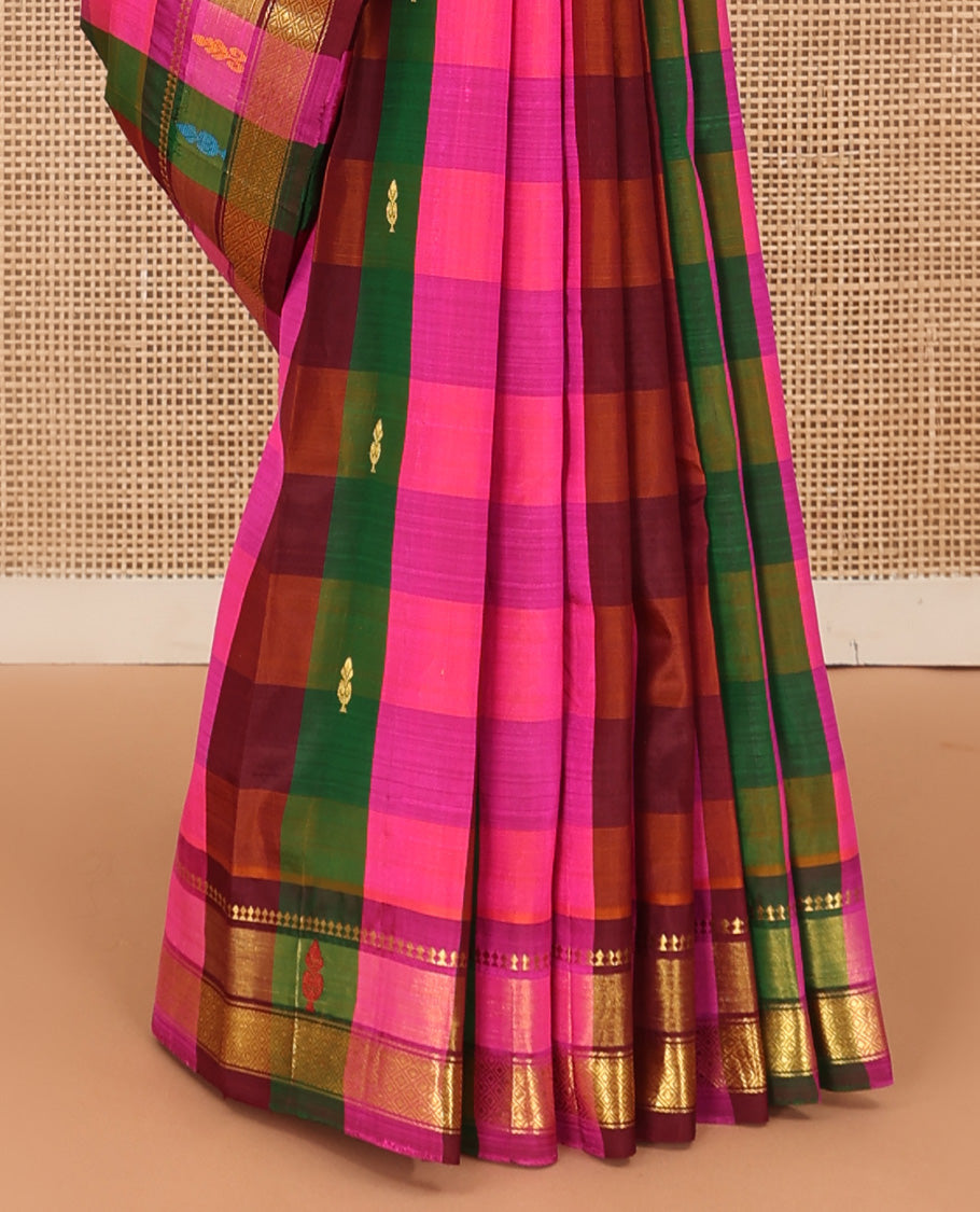 Multi-color checked with zari buttas Kanchipuram silk saree, traditional zari border, and zari design pallu