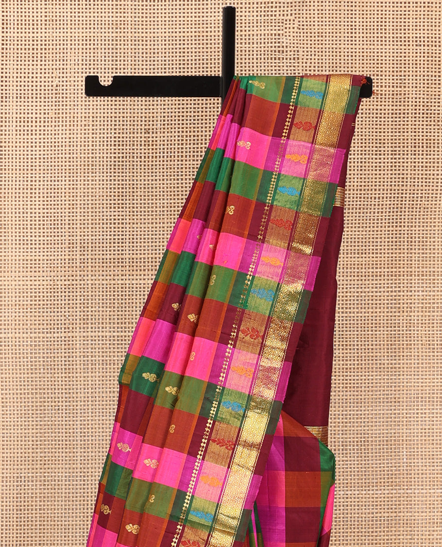 Multi-color checked with zari buttas Kanchipuram silk saree, traditional zari border, and zari design pallu