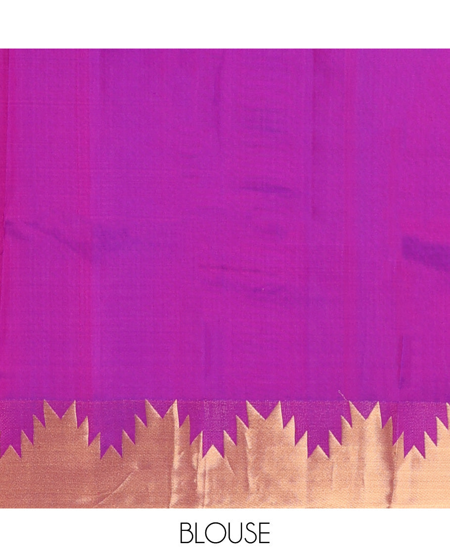 Rani pink plain Kanchipuram silk saree, thazampoo rekku zari border, and diagonally woven geometric patterned pallu