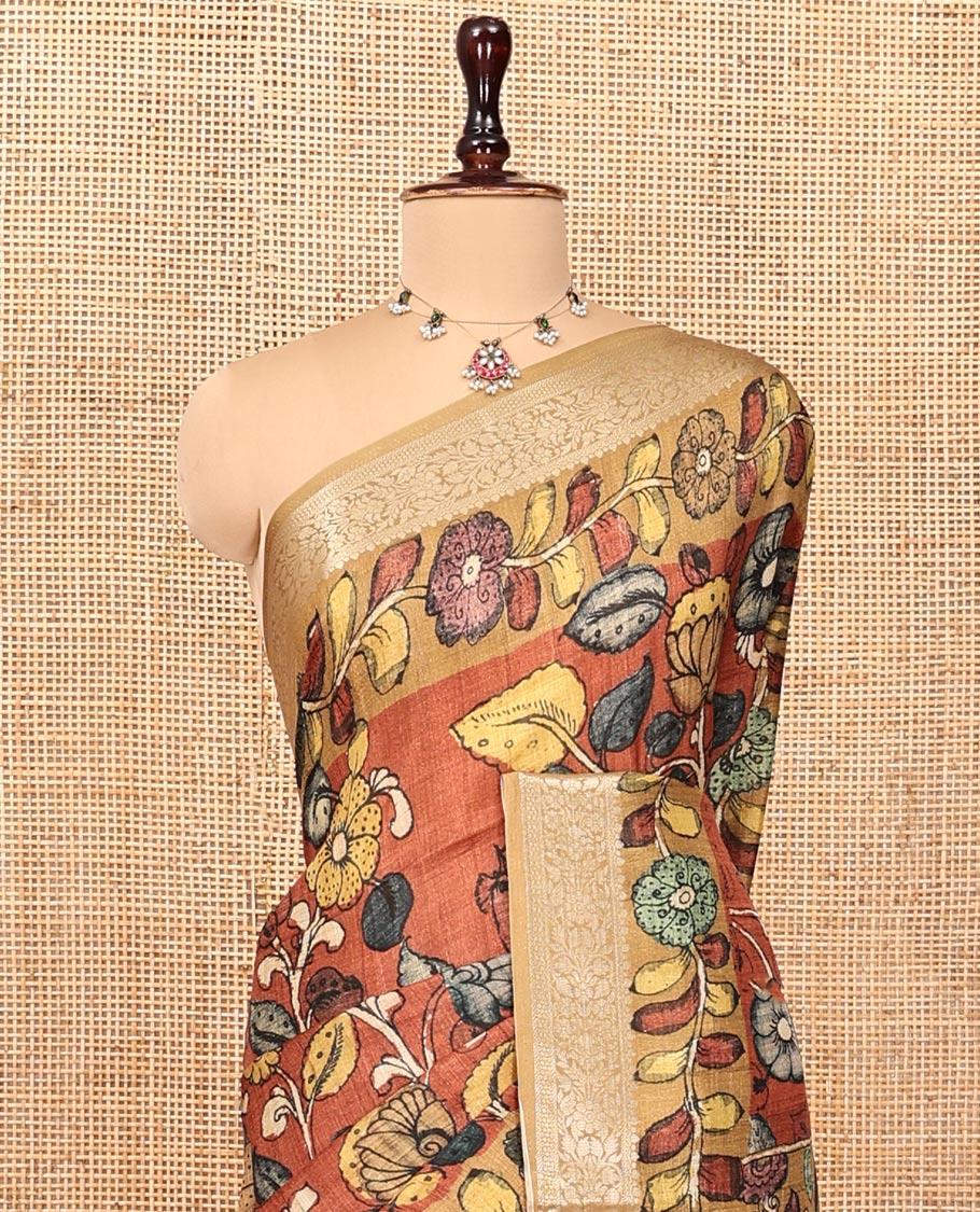 Brown Kalamkari Saree, Elevated with Floral Print, Complemented by Contrast Zari Border, Pallu of Lord Krishna Motifs, and a Contrast Blouse