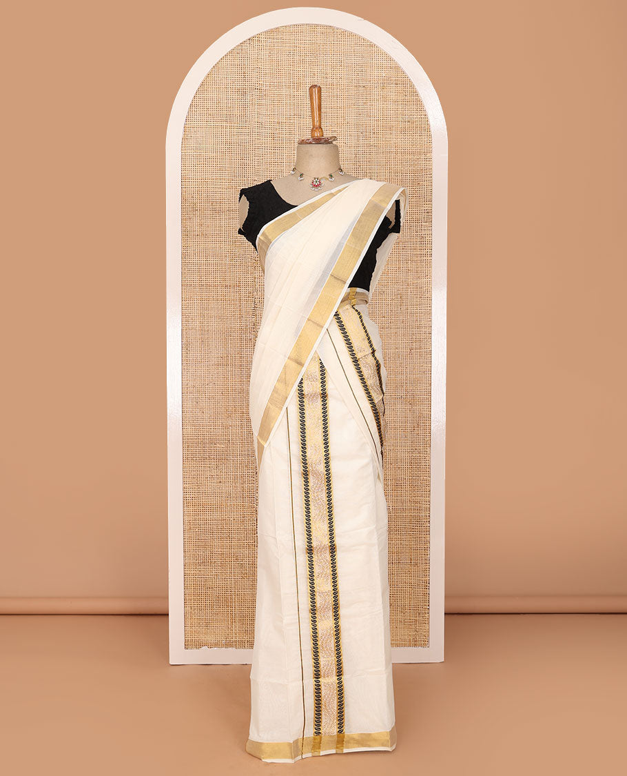 Cream plain Kerala mundu set, zari & thread border