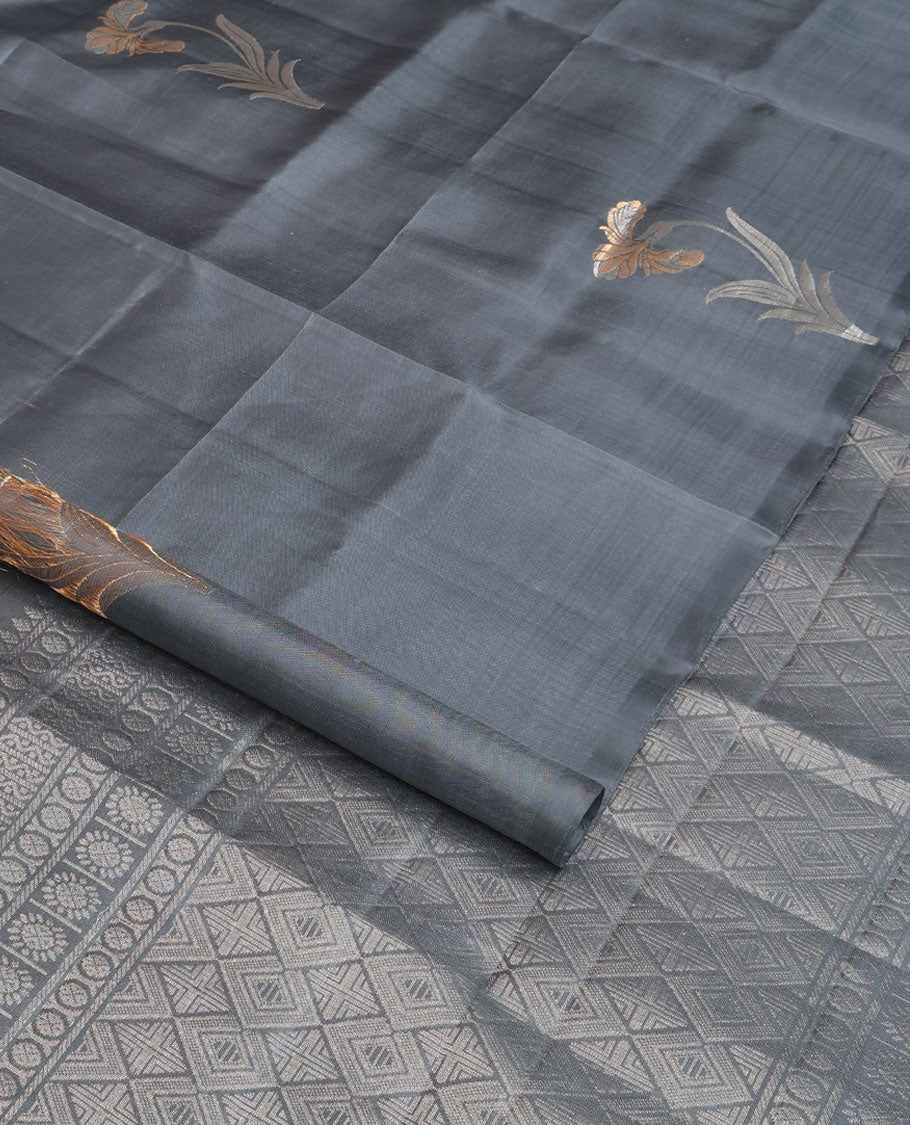 Borderless grey floral zari buttas soft silk saree, zari woven pallu of jaal design