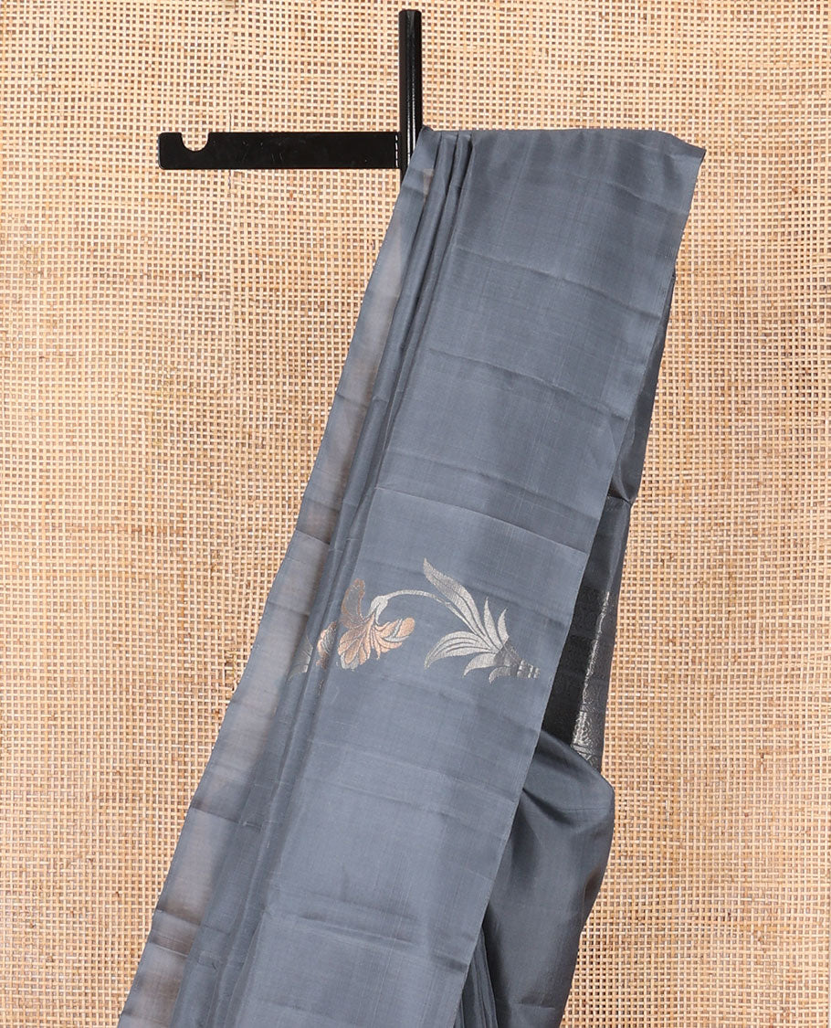 Borderless grey floral zari buttas soft silk saree, zari woven pallu of jaal design