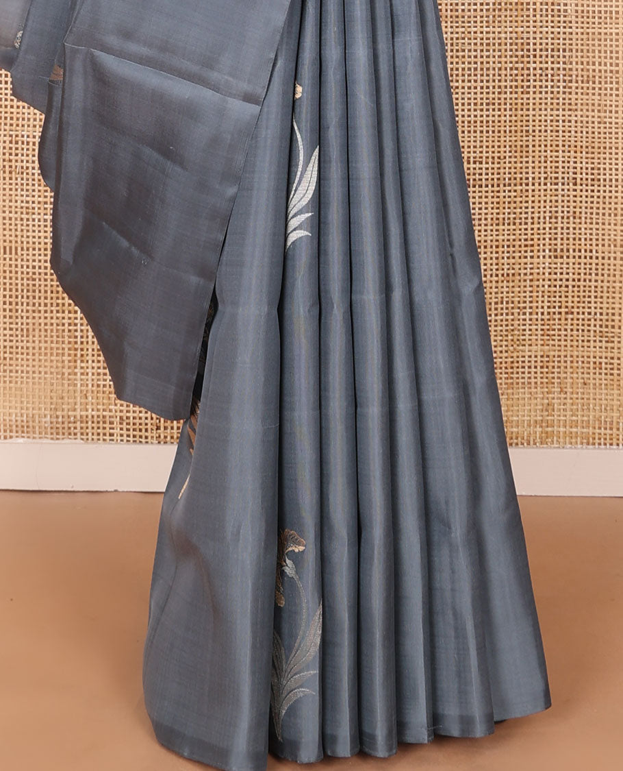 Borderless grey floral zari buttas soft silk saree, zari woven pallu of jaal design