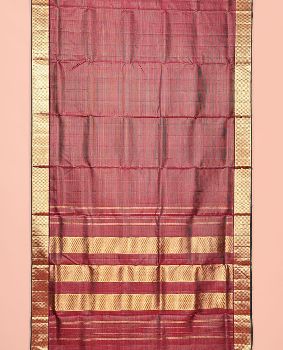 Maroon Nine-Yard Silk Saree, Mesmerized with Zari Stripes, Zari Border of Rekku, and Ara Maadam Designs, Pallu of Ara Maadam Designs, and No Blouse