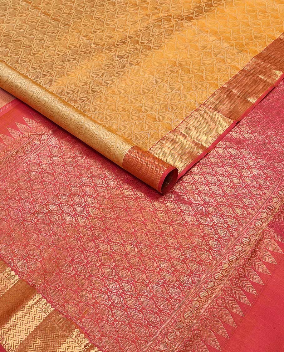 Brown jaal design silk saree with contrast border of thilakam mokku, paun, vanki design & ogee desogn pallu