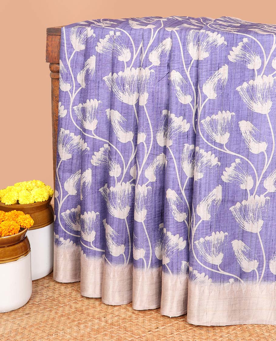 Violet with cream all-over printed design semi khicha tussar saree with gold zari jacquard border & purejute weaving pallu along with plain blouse