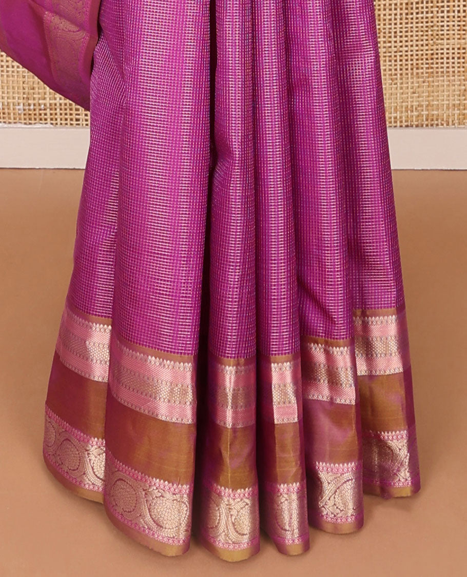 Pink checked silk saree with contrast rettai pettu zari design border & jaal design pallu