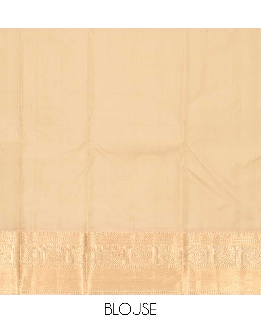 Red buttas enclosed checked silk saree, contrast border of thilakam mokku, kathir, and mayil chakram, and intricate pallu