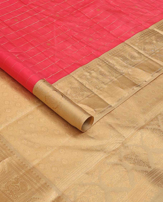 Red buttas enclosed checked silk saree, contrast border of thilakam mokku, kathir, and mayil chakram, and intricate pallu