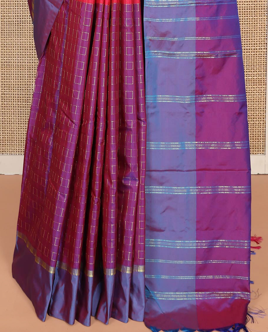 Violet and Pink Aarani Silk Saree, Graced with a Zari Checked Design on Its Body, Complemented by a Contrast Border, Pallu of Zari Stripes, and Paired with a Contrast Blouse