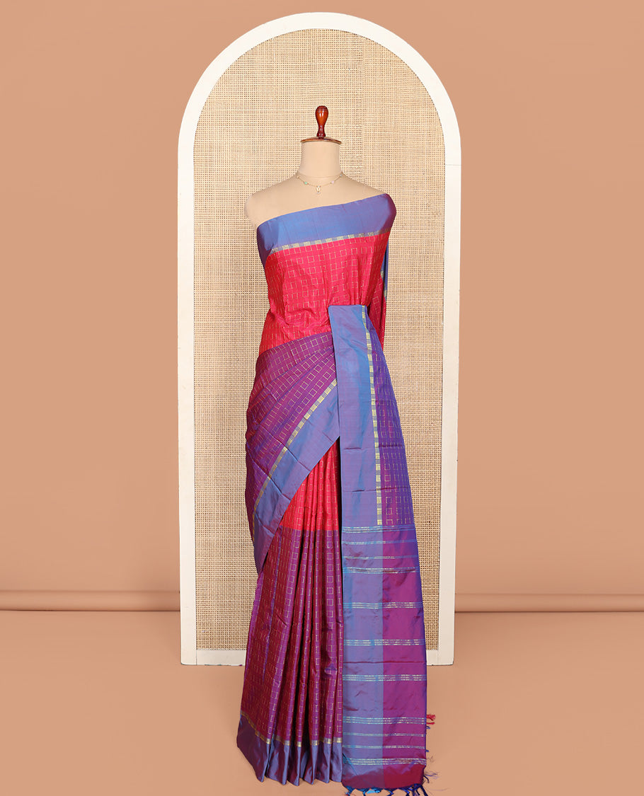 Violet and Pink Aarani Silk Saree, Graced with a Zari Checked Design on Its Body, Complemented by a Contrast Border, Pallu of Zari Stripes, and Paired with a Contrast Blouse