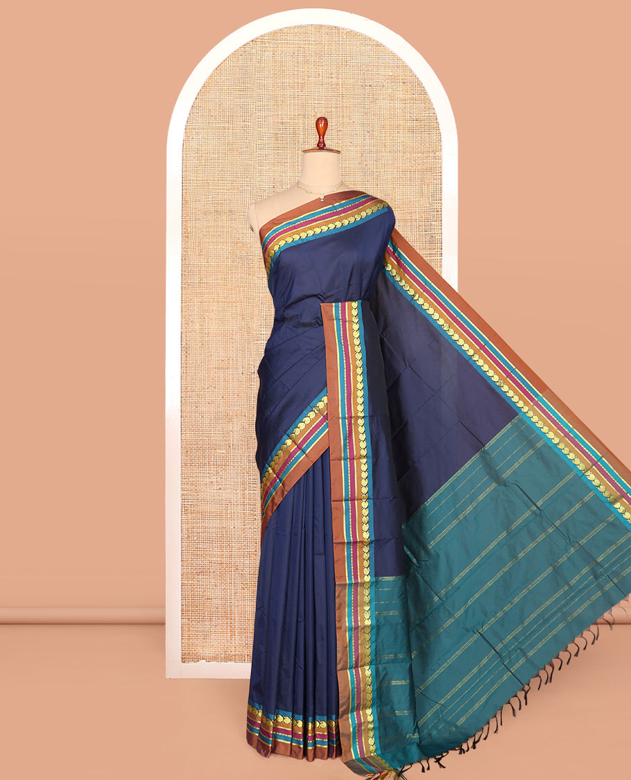Navy Blue Plain Aarani Gift Saree, Complemented by a Contrast Traditional Design Temple Border, Captivating Contrast Pallu of Stripes, and Paired with a Contrast Blouse
