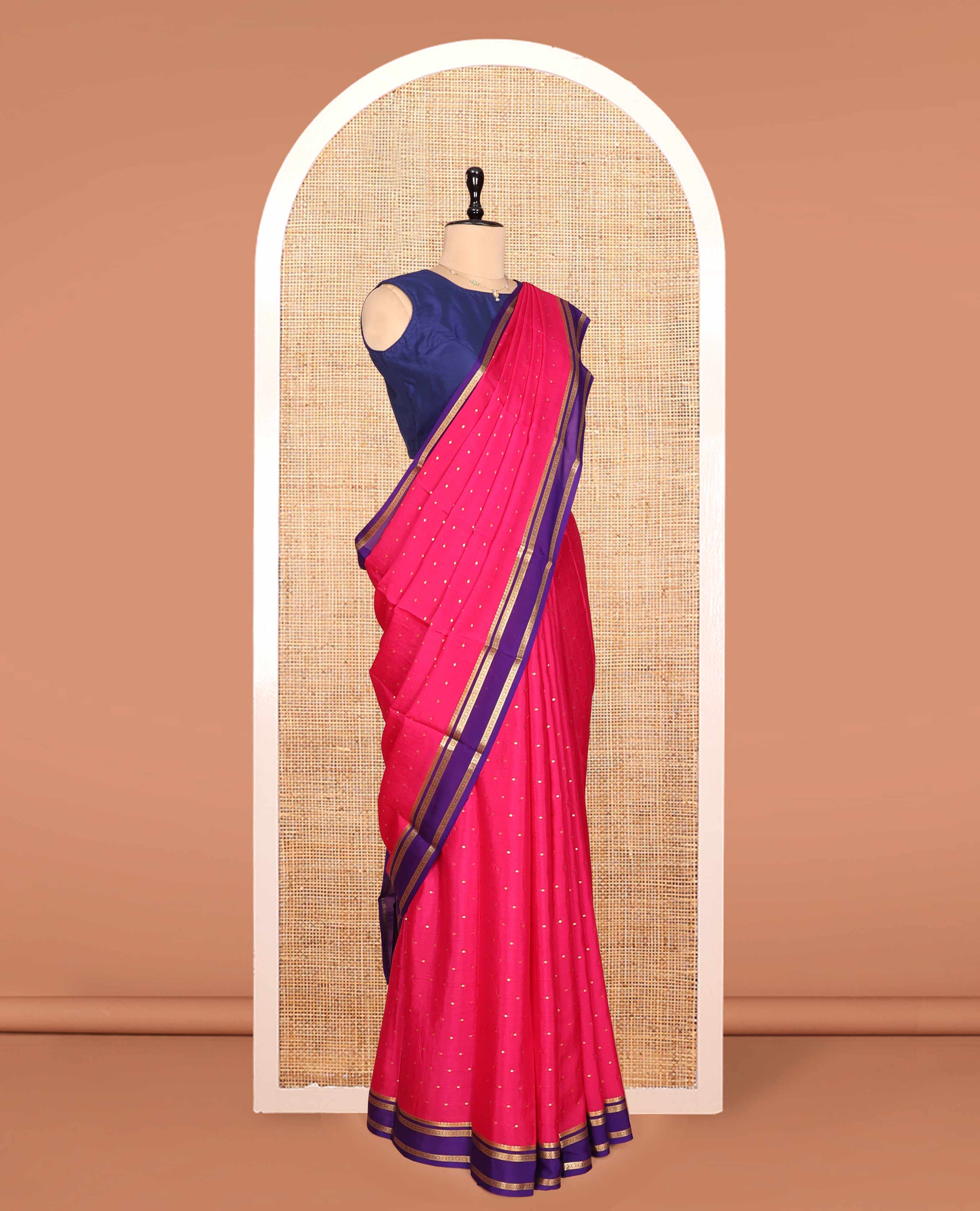 Pink Mysore Silk Saree, Crafted with Zari Buttas, a Contrast Traditional Zari Border, Zari Striped Pallu, and a Contrast Blouse