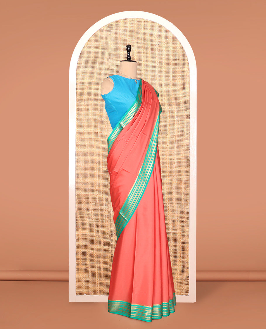 Dark Peach Plain Mysore Silk Saree, Complemented by a Contrast Traditional Zari Border, Zari Design Pallu, and a Contrast Blouse