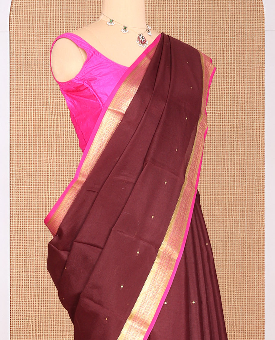 Brown Zari Buttas Mysore Silk Saree, Complemented by a Contrast Traditional Zari Border, Zari Design Pallu, and a Contrast Blouse