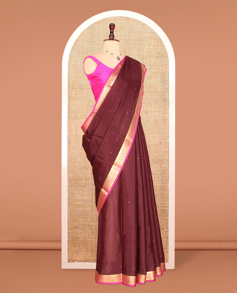 Brown Zari Buttas Mysore Silk Saree, Complemented by a Contrast Traditional Zari Border, Zari Design Pallu, and a Contrast Blouse