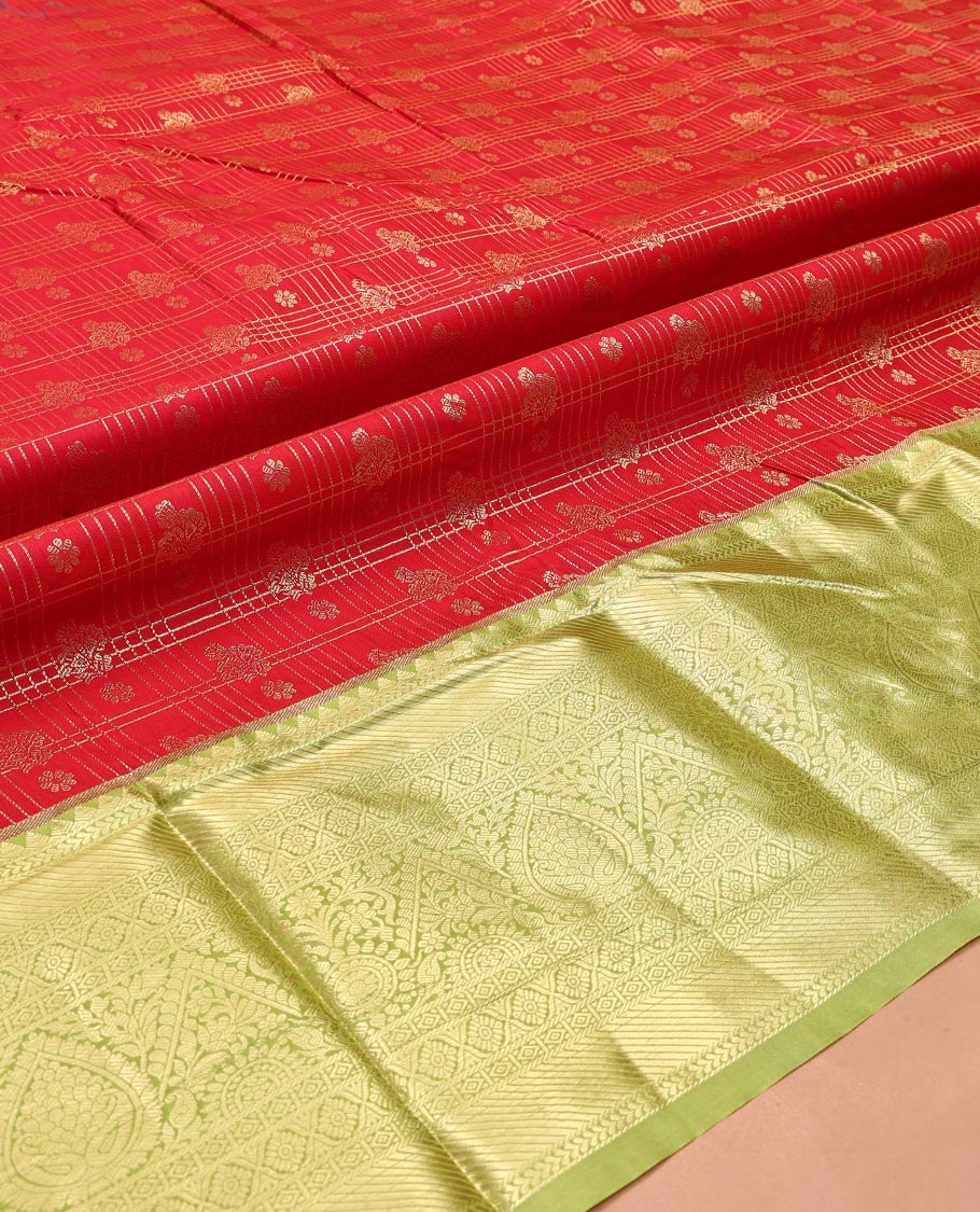 Red Art Silk Material Half Saree Set, Spotlighted with Zari Design Skirt, a Contrast Traditional Zari Design Border, Contrast Blouse, and an Intricate Dhavani