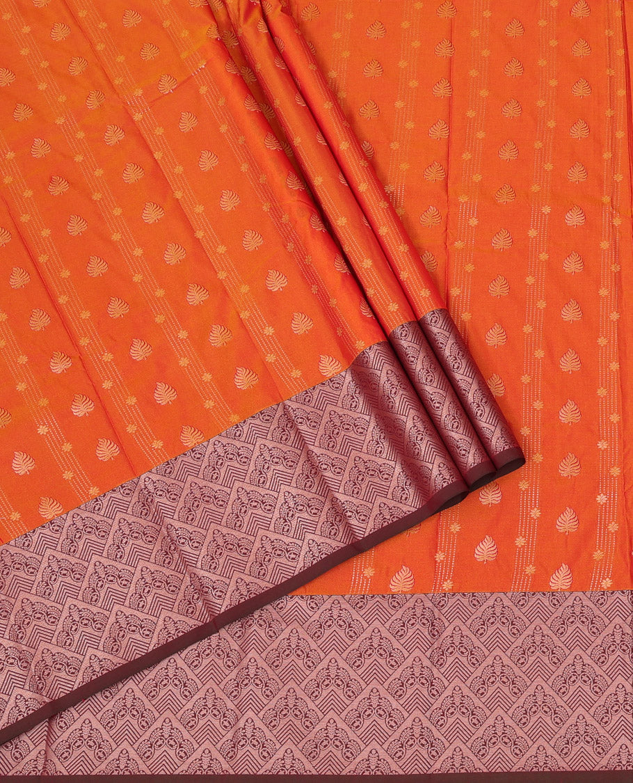 Orange Art Silk Pavadai Material Set, Featuring Leaf Zari Buttas All Over the Skirt, Complemented by a Contrast Jaal Patterned Zari Design Border, and Paired with a Contrast Blouse