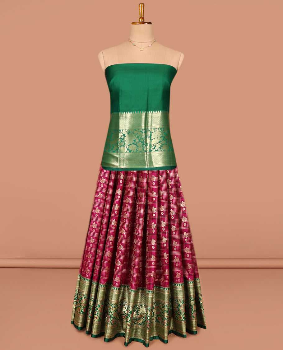 Burgundy Art Silk Pavadai Material Set, Masterfully Woven with Jacquard on Its Skirt, Complemented by a Contrast Floral Zari Designs Border, and Paired with a Contrast Blouse